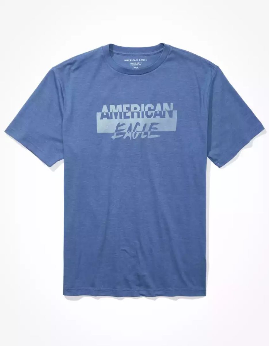 T Shirt Graphique American Eagle AE Super Soft Logo Bleu Homme | MUD-93166217